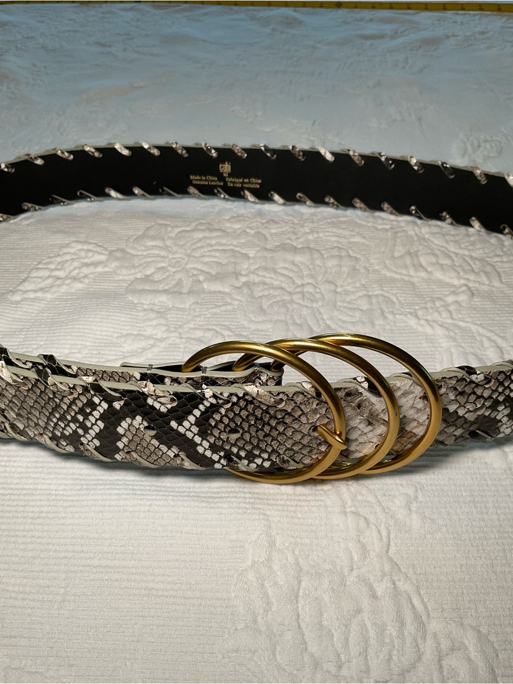 CAbi Snake-Print Leather Belt with Triple Gold Rings